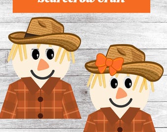 May include: Two scarecrow craft cutouts with straw-like hair, black eyes, and orange noses. They wear brown plaid shirts and straw hats. One has an orange bow. The text "Scarecrow Craft" is in an orange rectangle.