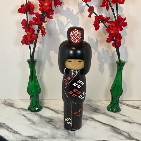 Vintage Handmade Japanese Kokeshi doll by Kunio Miyagawa "Black kimono okappa" Signed and Dated with Original Sticker Zen Garden Decor