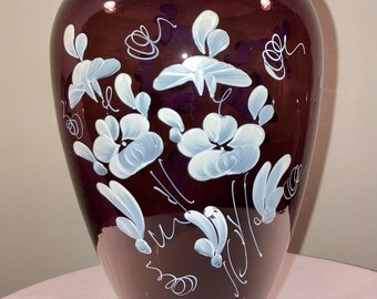 Vintage Dark Amethyst Purple Glass Vase with Hand-Painted Cherry Blossoms and Gold Trim. Made in Italy