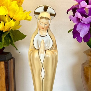 Japanese Porcelain Statue of The Virgin Mary Madonna Barefoot with Halo & Praying Hands Original Vintage Made In Japan Sticker on Bottom