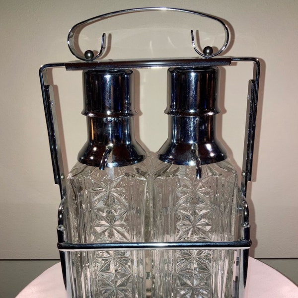 Vintage Set of Cut Glass Liquor Dispenser Pump Decanters and Caddy. Perfect Mid-Century Barware. Great movie prop.