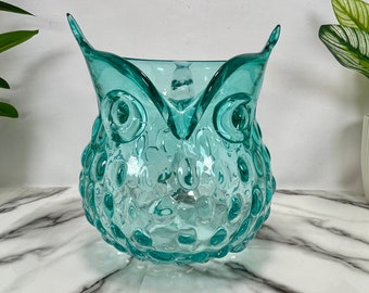 Vintage Turquoise Blue Hobnail Glass Owl Pitcher Vase With Clear Glass Handle Great as a Planter or To Hold Kitchen Utensils