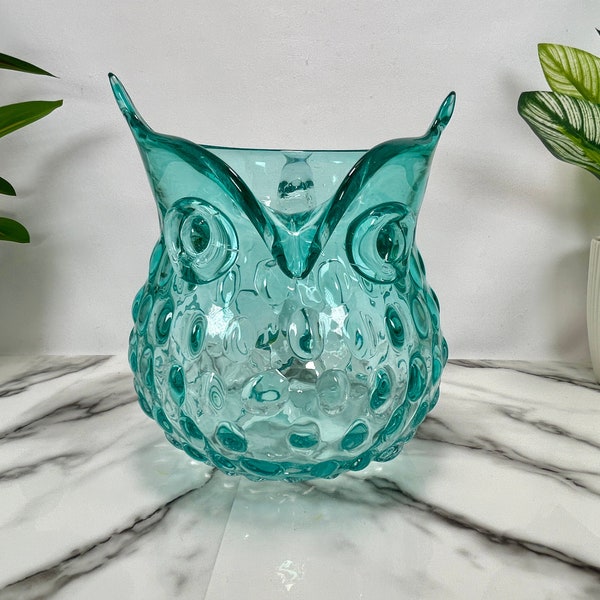 Vintage Turquoise Blue Hobnail Glass Owl Pitcher Vase With Clear Glass Handle Great as a Planter or To Hold Kitchen Utensils