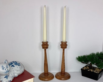 Vintage Pair of Turned Wooden Oak Candle Holders, Craftsman Signed Mid Century Candlestick Holders MCM Cottage Home Decor Table Mantle Shelf