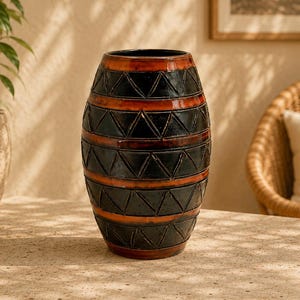 Vintage Italian MCM Pottery Vase: Brown Orange Glaze Sgraffito" (scratched) Technique, Vetrata-inspired Hand-Carved Detail