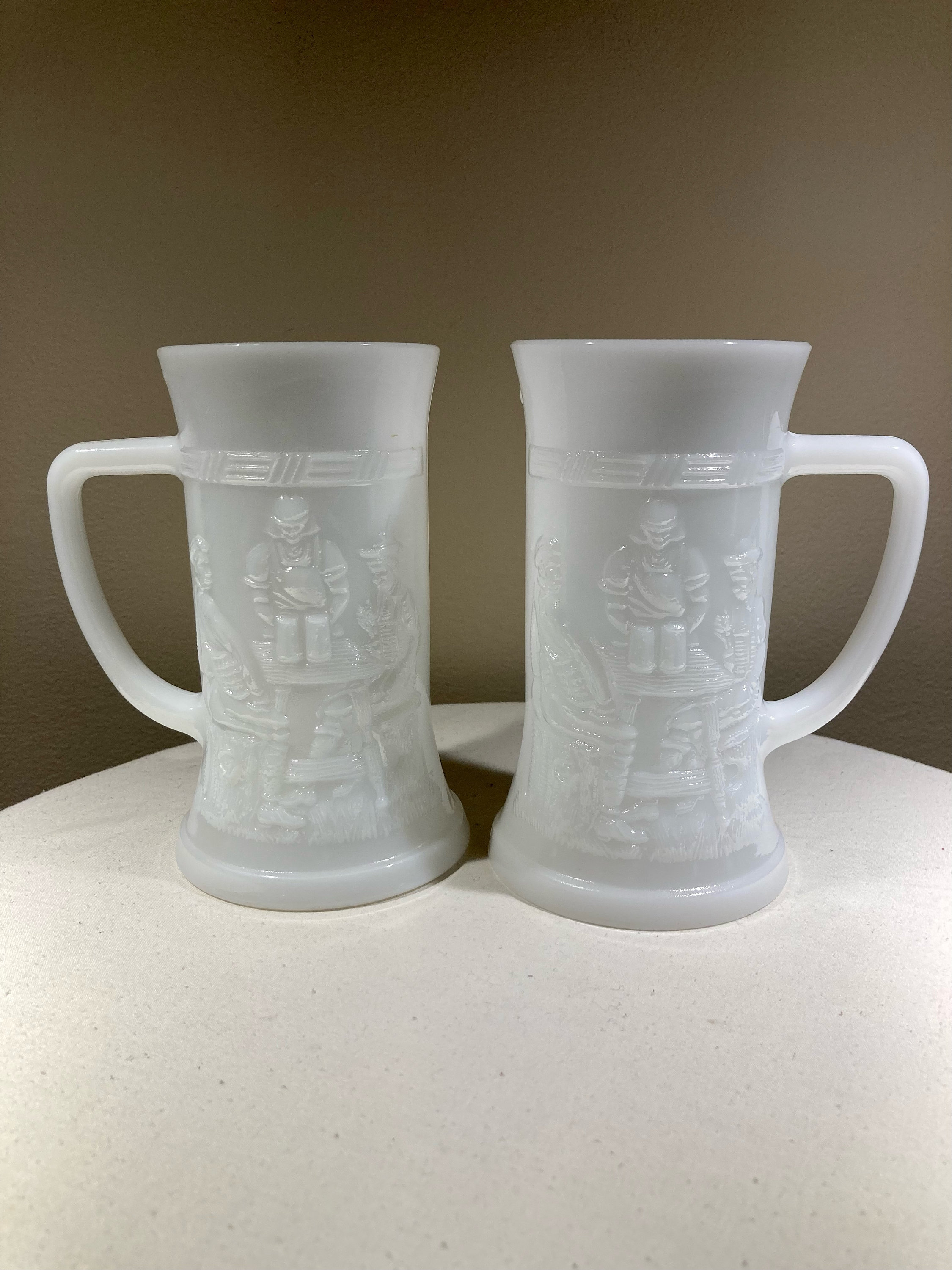 Three Vintage Milk Glass Beer Mugs Tankards With an Embossed Etsy