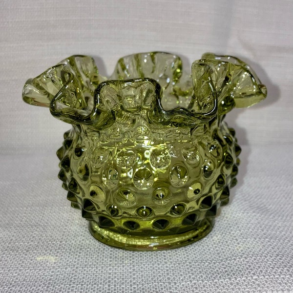 Vintage Fenton Colonial Green Hobnail Glass Scalloped Ruffled Vase (embossed on bottom) produced only from 1960 to 1969