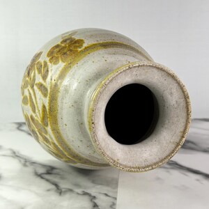 Vintage BAS studio pottery vase, handmade, light sand colour with brown and pale gold leaf and flower motif, 10.5" tall, signed, high-quality glaze.