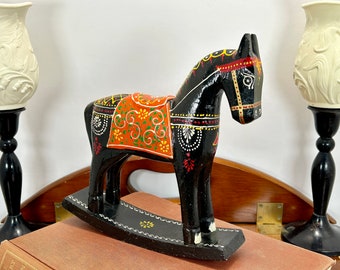 Handmade Black Marwari Rocking Horse From India Decorated in Traditional Wedding Style Great Gift for Horse Collector Kids Room Equestrian