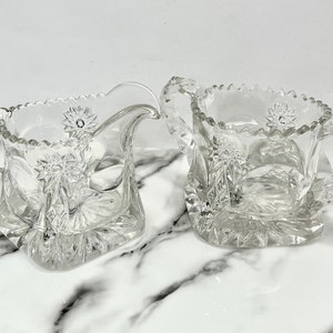 EAPG Early American Pattern Glass Open Sugar Bowl and Creamer Vintage Set with Rare Square Shape Base & Star Cut Bottom Great for Collectors