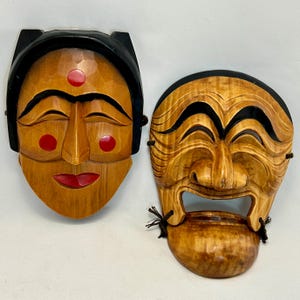Hand Carved Vintage Pair Korean HAHOE Masks Folk Art Theatre Yangban Smiling Character With Movable Chin  Bune Flirtatious with 3 Red Dots