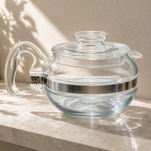 Vintage PYREX Flameware Teapot: Blue Tint Glass, Stove Top Edition, 6 cup