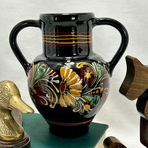 Hand Painted Hungarian Folk Art Ceramic Double Handled Vintage Vintage Jug Ewer Vase Circa 60s from Hungary Signed HMV on the Bottom