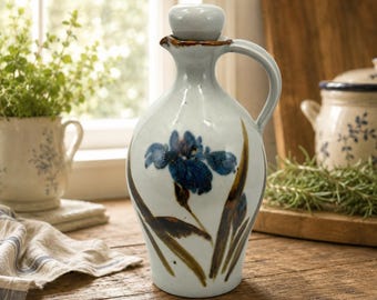Handmade Studio Pottery Jug: Blue Iris Design, Fitted Stopper, Artist Signed, Olive Oil Container