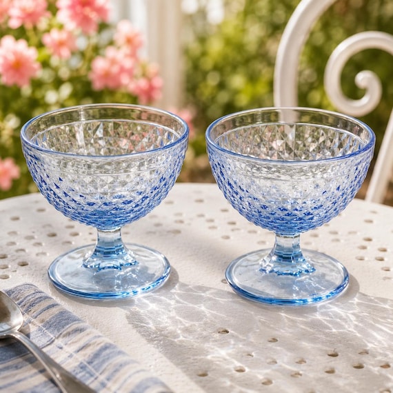 Vintage PAIR of IKEA Blue Glass Dessert Bowls | Diamond Cut Footed Goblet REPLACEMENT