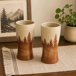 Handmade Studio Pottery Tumblers: Beige Terracotta Forest Skyline, Signed By Artist