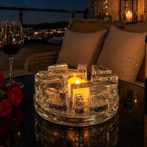 May include: A clear glass candle holder with a central candle, surrounded by clear, block-shaped glass pieces. The candle holder sits on a black surface, with wine glasses and roses visible in the background. The scene is set outdoors at night.