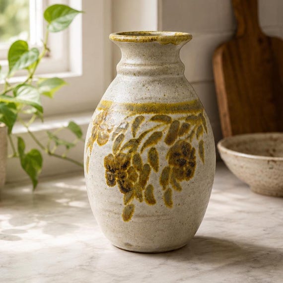 Vintage BAS Studio Pottery Vase – Handmade Stoneware Glazed Leaf Design