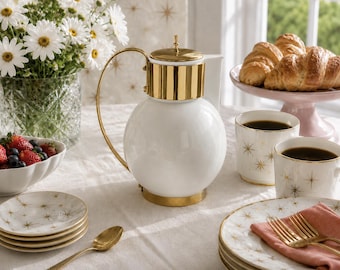 Vintage Ernest Sohn White Porcelain & Brass Coffee Carafe: Mid-Century Ewer