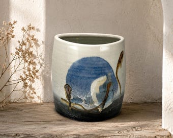 Handmade Studio Pottery Vase: Blue Moon, Field, Signed Artist, Blue Sand Glaze