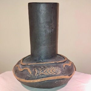 Vintage Colin Thorburn (CT) Handmade British Studio Pottery Vase with Primitive Rustic Exterior Pictograph Petroglyphs Fish Collector Gift