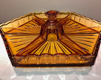 Art Deco Val Saint Lambert Luxval Amber Glass Platter: Charcuterie Crudités Plate