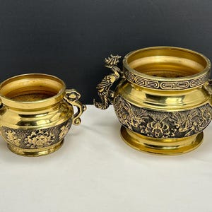 Brass Chinese Incense Bowls with Dragon Handles - Asian Decor Set