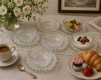 Vintage Colony Glass Peony Dessert Bowls with Underplates - Set of 6
