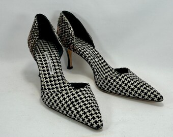 Vintage Manolo Blahnik Size 42 Houndstooth Herringbone Pattern On Front and Cowhide Print on Heel Low 3" Inch Highly Collectible Choice