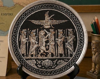 Puede incluir: Un plato decorativo circular con un centro negro y relieves plateados de figuras antiguas y un símbolo alado. El borde tiene un patrón trenzado. El plato se exhibe sobre un soporte negro, mostrando motivos históricos.