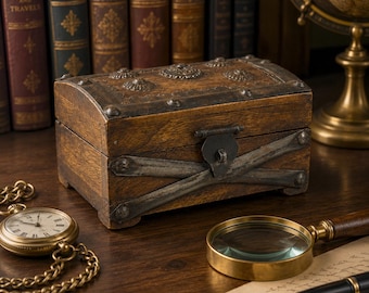 Rustic Wooden Treasure Box | Vintage Style Trinket Chest, Keepsake Gift, Gentleman's Curio Shelf