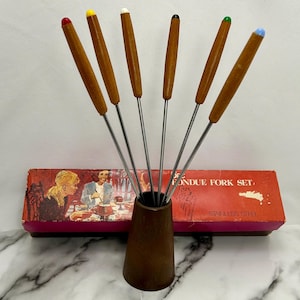 Vintage Fondue Forks: Rosewood Handles, Stainless Steel Set with Stand
