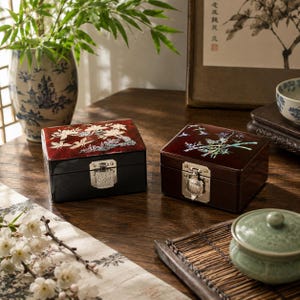 Vintage Asian Lacquered Trinket Box Pair | Mother of Pearl Inlay Jewelry Oriental Keepsake Boxes