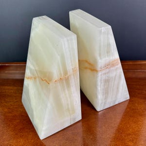 Solid Onyx Marble Bookends – Heavy Natural Stone Wedge Pair | 6&quot; Tall Modern Minimalist Decor Mexican Calcite Alabaster Great Decor Gift