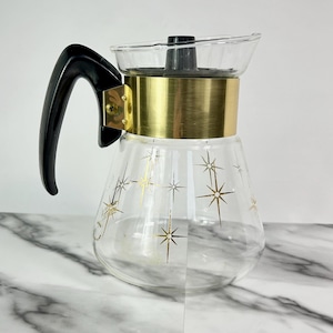 Corning 1960s Atomic Starburst Coffee Carafe Heat Proof Pyrex Glass 4 cup Great Vintage Kitchen Decor and Style Made in the USA