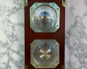 Vintage Taylor Barometer Hygrometer: Wood Brass Wall Mount Weather Station