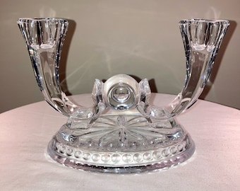 Vintage PAIR of Buder Bleikristall German lead crystal double light candelabra candle holder, circa 1950s