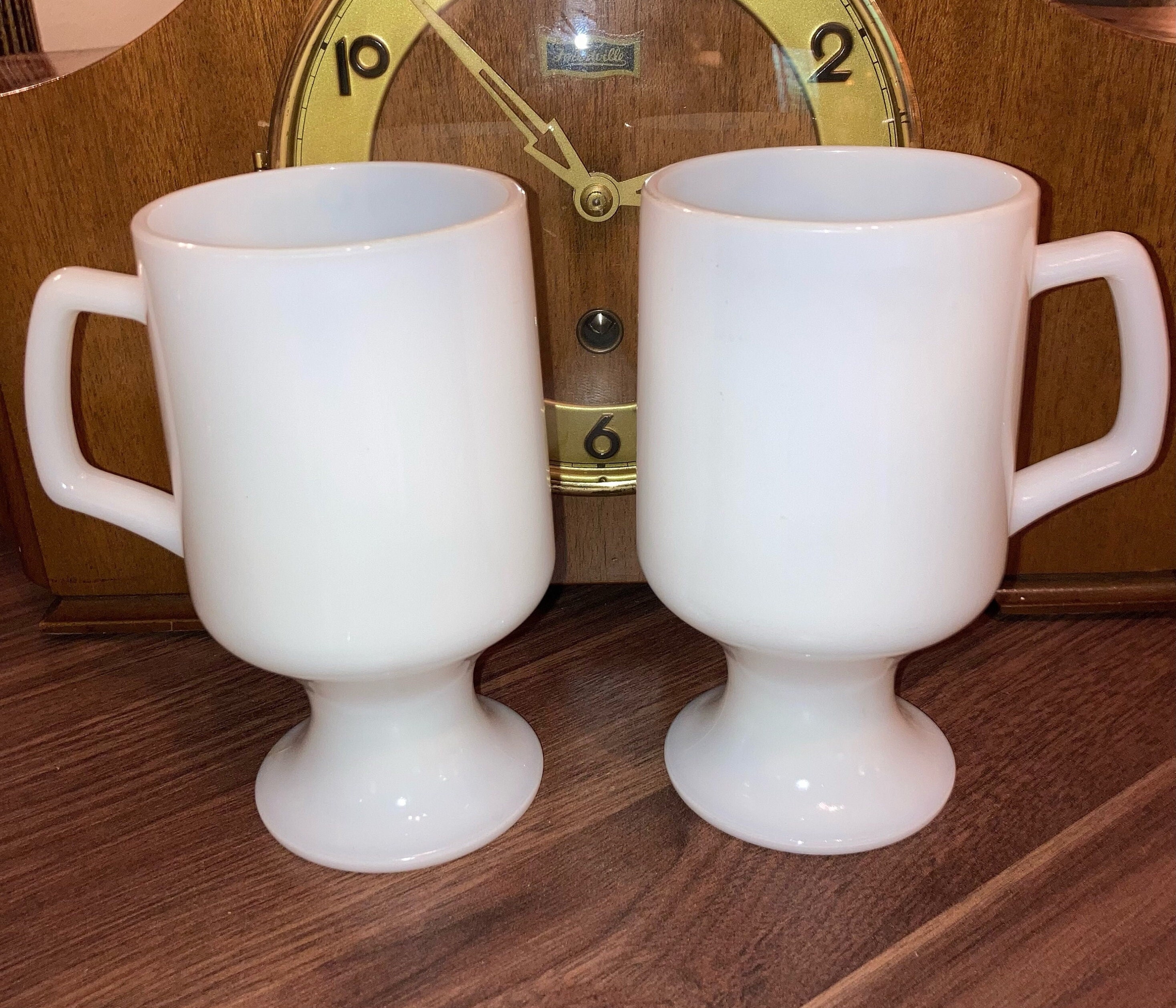 Vintage Milk Glass Pedestal Coffee Mugs: Irish Coffee, Hot Chocolate Winter Theme Collector Gift