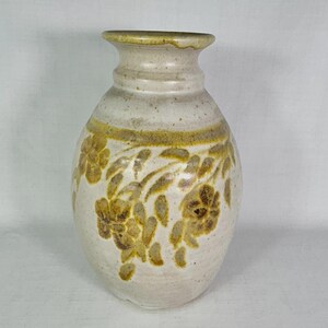 Vintage BAS studio pottery vase, handmade, light sand colour with brown and pale gold leaf and flower motif, 10.5" tall, signed, high-quality glaze.