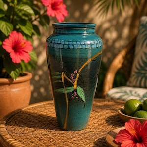 May include: A teal ceramic vase with a hand-painted botanical design. The vase has a dark teal base that fades to a lighter teal at the top, with a decorative band near the rim. The botanical design includes a yellow stem with green leaves and red berries.