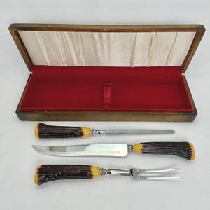 Vintage King Karver 3-Piece Carving Set: Sheffield Steel, Faux Antler Handles
