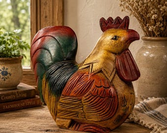 Puede incluir: Una figura de gallo tallada en madera a mano con un acabado multicolor vibrante. El ave presenta una cresta y barbillas rojas prominentes, con plumas pintadas en tonos amarillo, naranja, rojo oscuro, verde oscuro y negro, mostrando texturas talladas detalladas.