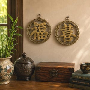 Vintage Brass Asian Character Trivets Pair | Greek Key Scroll Design | Chinese Wall Decor | 5.5"