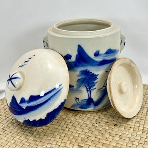 Hand Painted Vintage Asian Blue & White Landscape Tea Caddy with Two Lids Circa 50s Aged Crazing is Present Tea Ceremony Housewarming Gift
