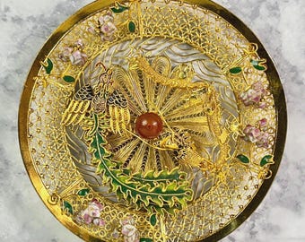 Vintage Metal Filigree Gilt Enamel Plate: Dragon Phoenix Wall Art, 6.25" Decorative Dish Gallery Wall Decor