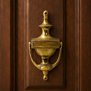 May include: A brass door knocker with an ornate design, fixed to a dark brown wooden door. The knocker features a rectangular plate, a curved handle, and a decorative top. The door has vertical panels.