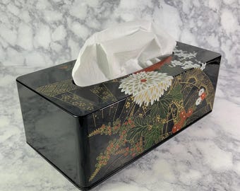 Vintage Japanese Lacquer Tissue Box Cover – Black Floral Acrylic Vanity Décor