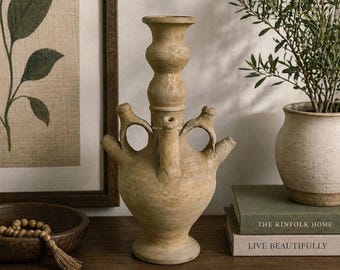 Vintage Spanish Terracotta Jug Vase: 4-Spout Rustic Mediterranean Decor Signed CANA