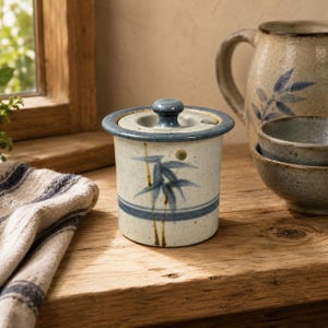 May include: A cylindrical ceramic jar with a matching lid, featuring a speckled off-white glaze, a blue rim, and a hand-painted blue bamboo motif. The jar has a small knob handle on the lid and a horizontal blue band encircling the lower body.