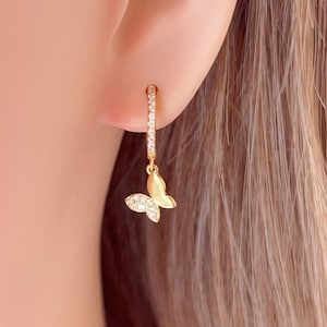Butterfly Hoop Earrings,Sterling Silver Hoops, Butterfly Charm Hoops,Gold Hoop Earrings,Huggie Earrings,Dainty Hoops,Gift For Her